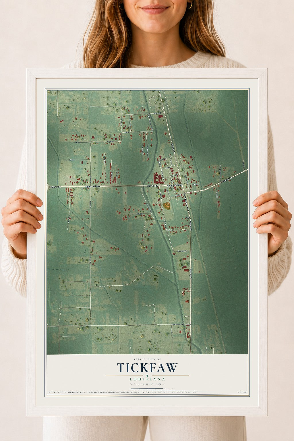 Map of Tickfaw, Louisiana, 18 x 24 inch print in a white wood frame