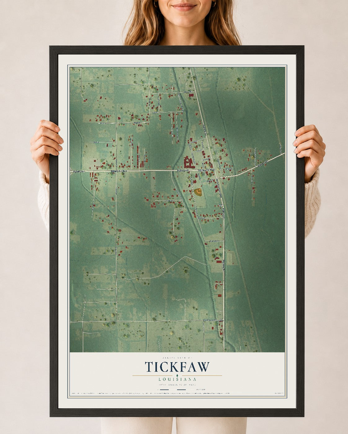 Map of Tickfaw, Louisiana, 24 x 36 inch print in a black wood frame