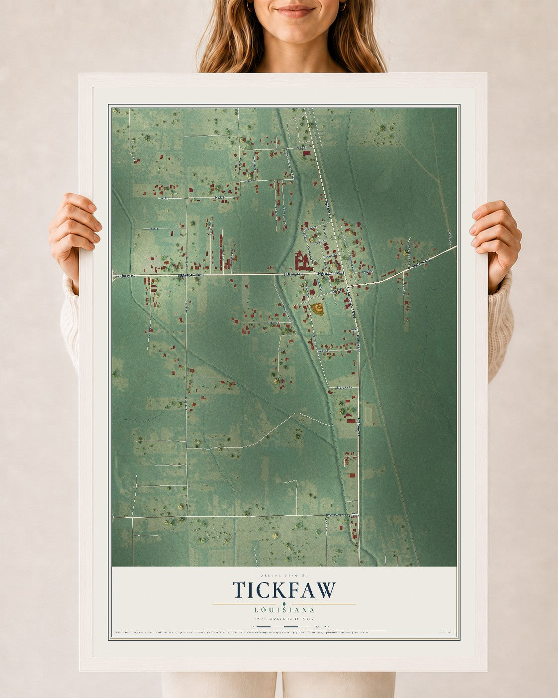 Map of Tickfaw, Louisiana, 24 x 36 inch print in a white wood frame