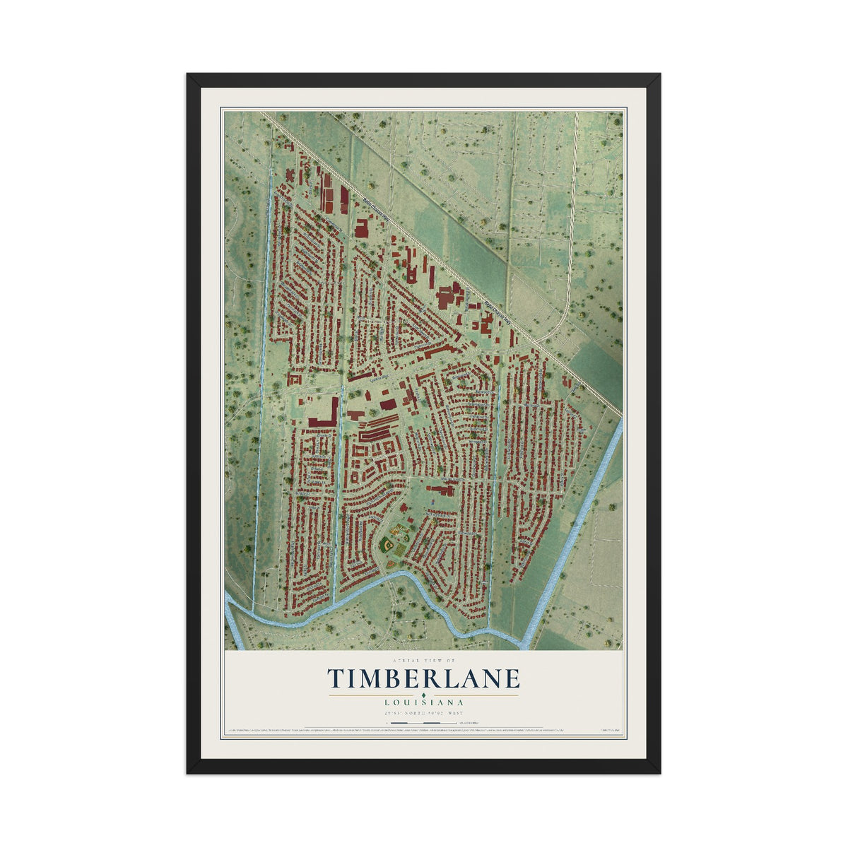 Map of Timberlane, Louisiana, 12 x 18 inch print in a black wood frame