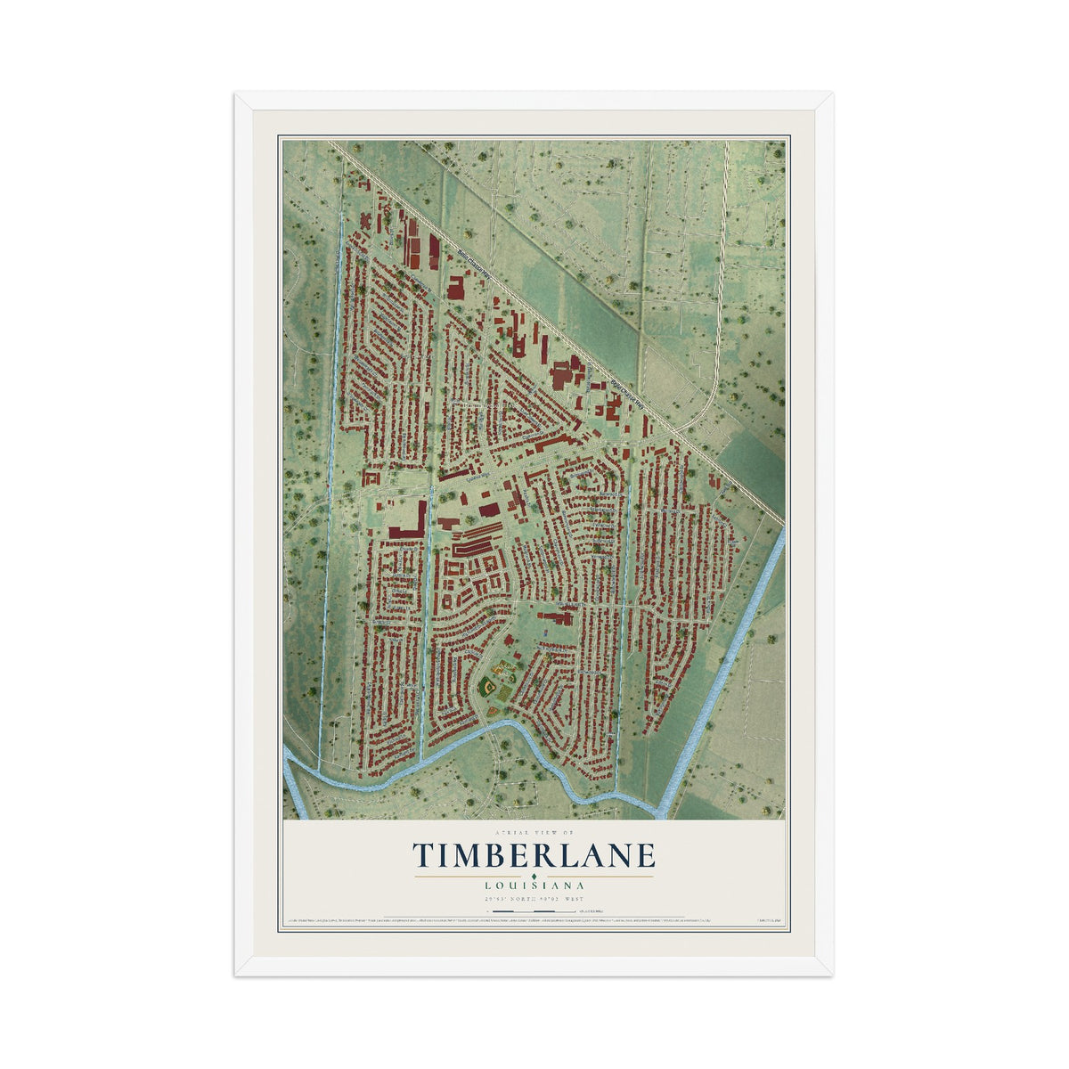 Map of Timberlane, Louisiana, 12 x 18 inch print in a white wood frame