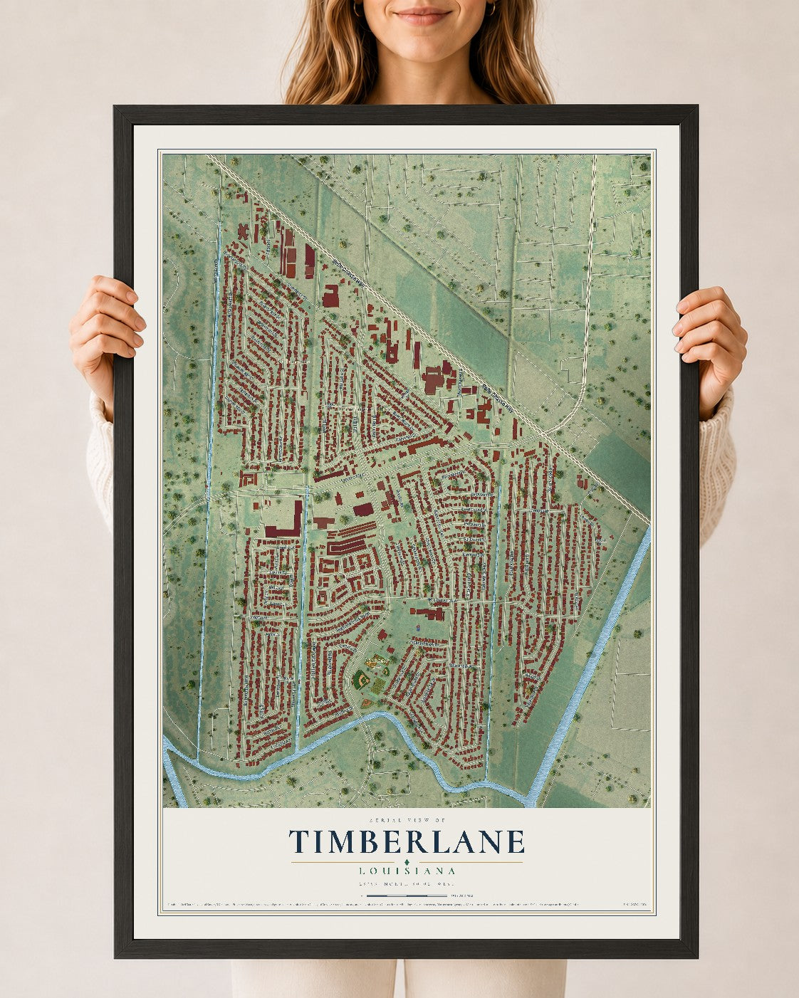 Map of Timberlane, Louisiana, 24 x 36 inch print in a black wood frame