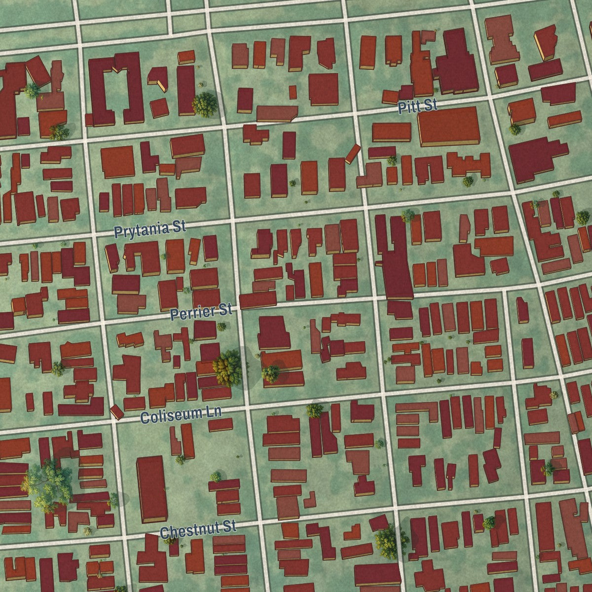Close-up of the map of Touro, Louisiana print showing street and building detail