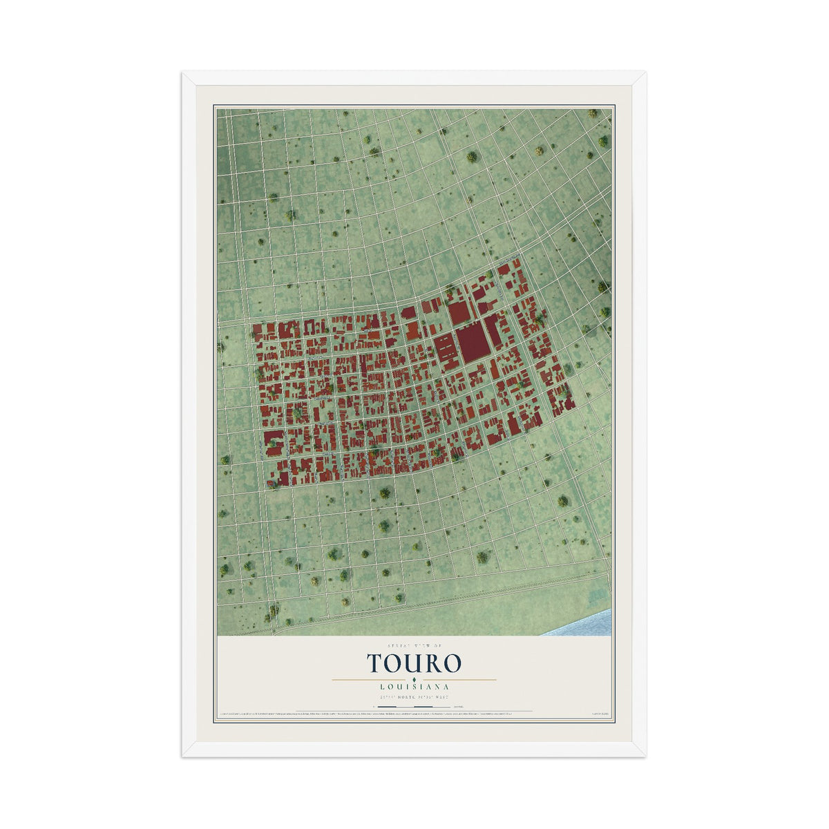 Map of Touro, Louisiana, 12 x 18 inch print in a white wood frame