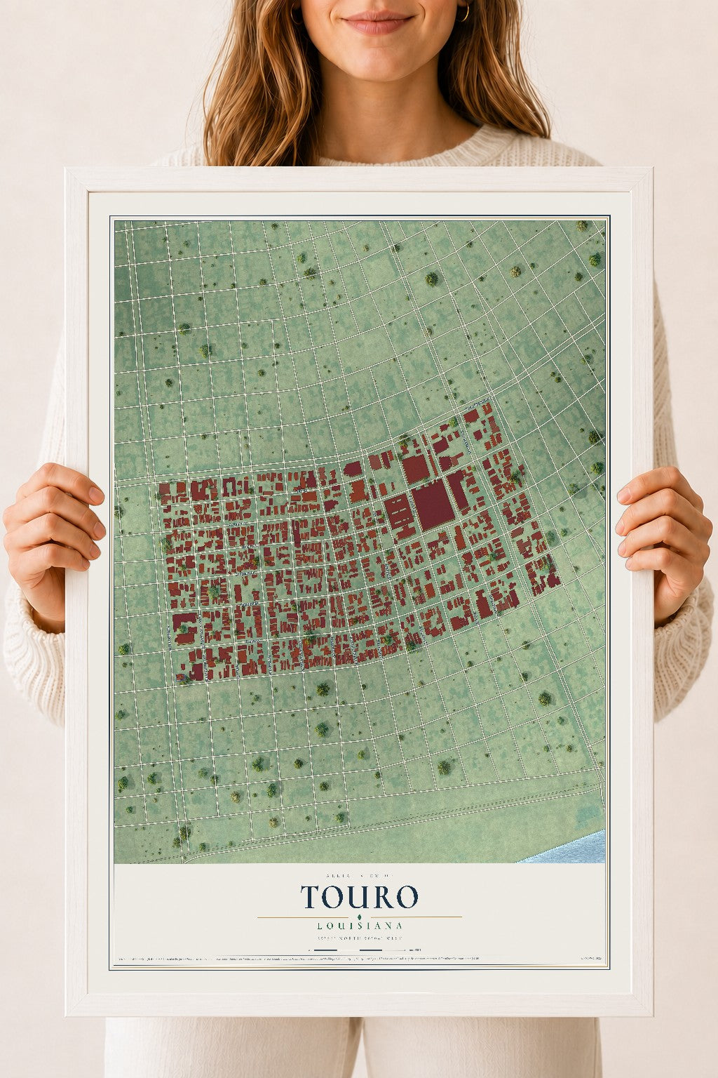 Map of Touro, Louisiana, 18 x 24 inch print in a white wood frame