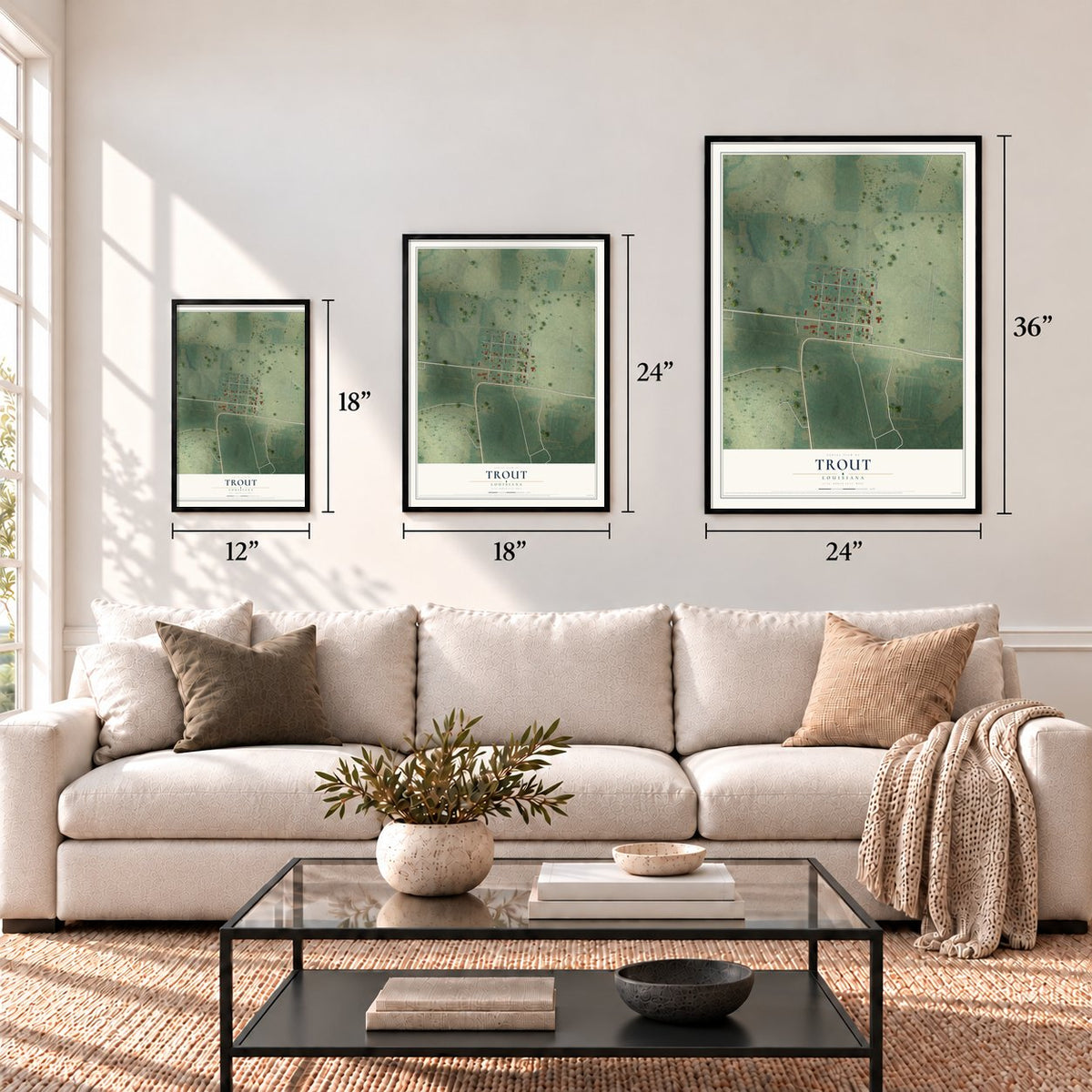 Trout, Louisiana map in 12 x 18, 18 x 24 and 24 x 36 inch sizes above a sofa