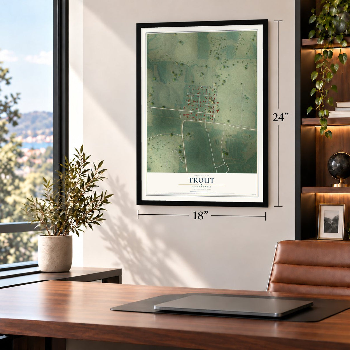 Trout, Louisiana map, 18 x 24 inch print in a black frame in a home office