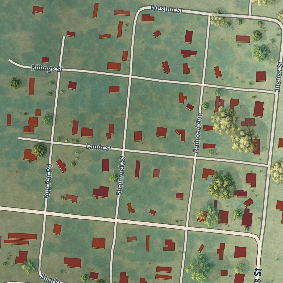 Close-up of the map of Trout, Louisiana print showing street and building detail
