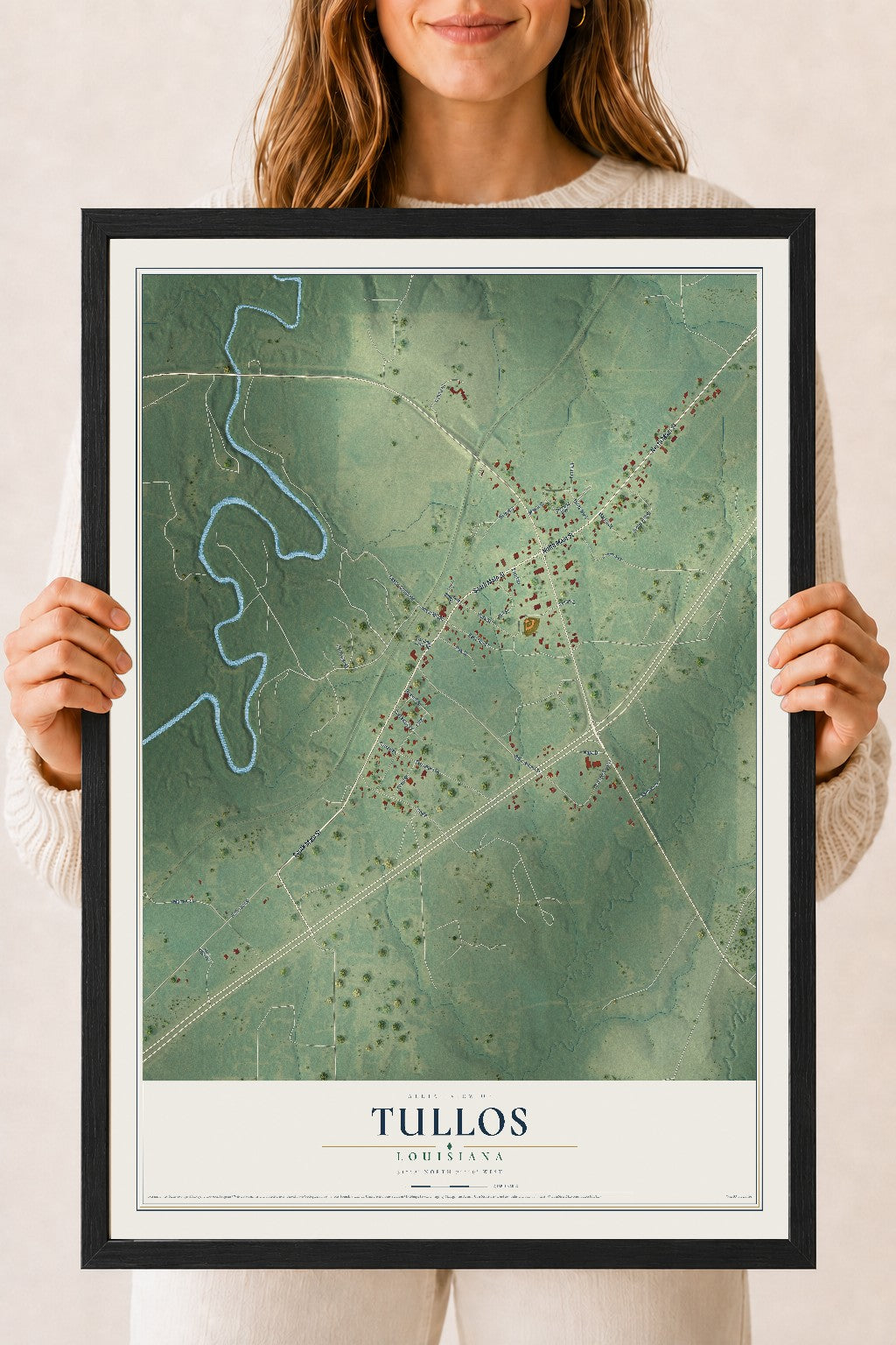 Map of Tullos, Louisiana, 18 x 24 inch print in a black wood frame