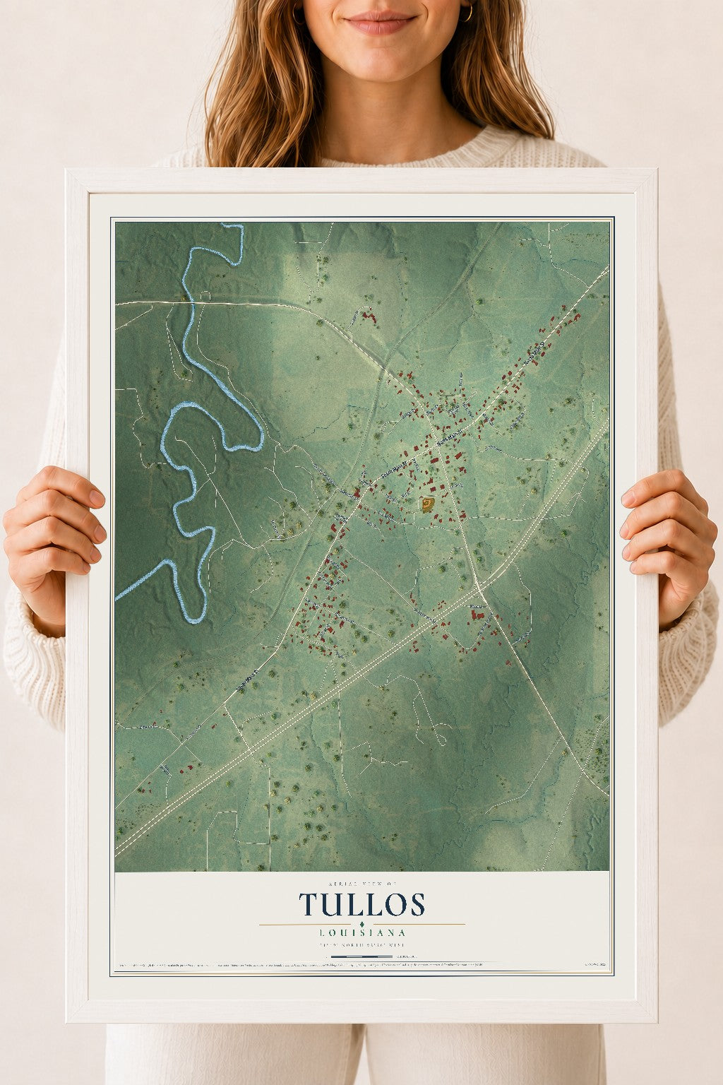 Map of Tullos, Louisiana, 18 x 24 inch print in a white wood frame