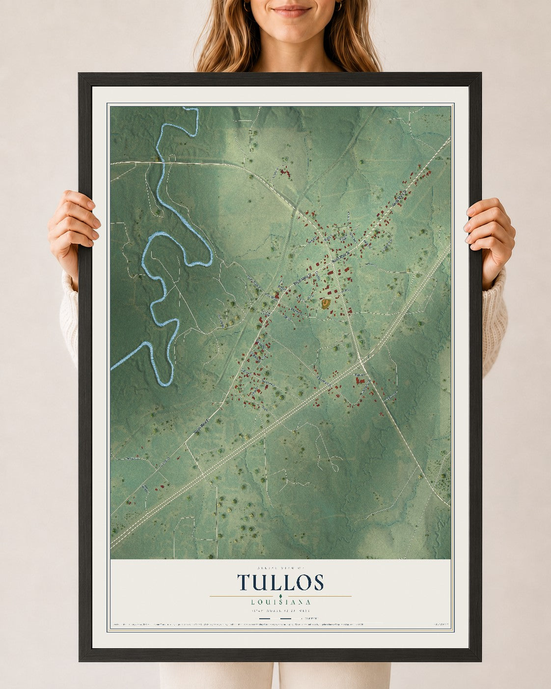 Map of Tullos, Louisiana, 24 x 36 inch print in a black wood frame