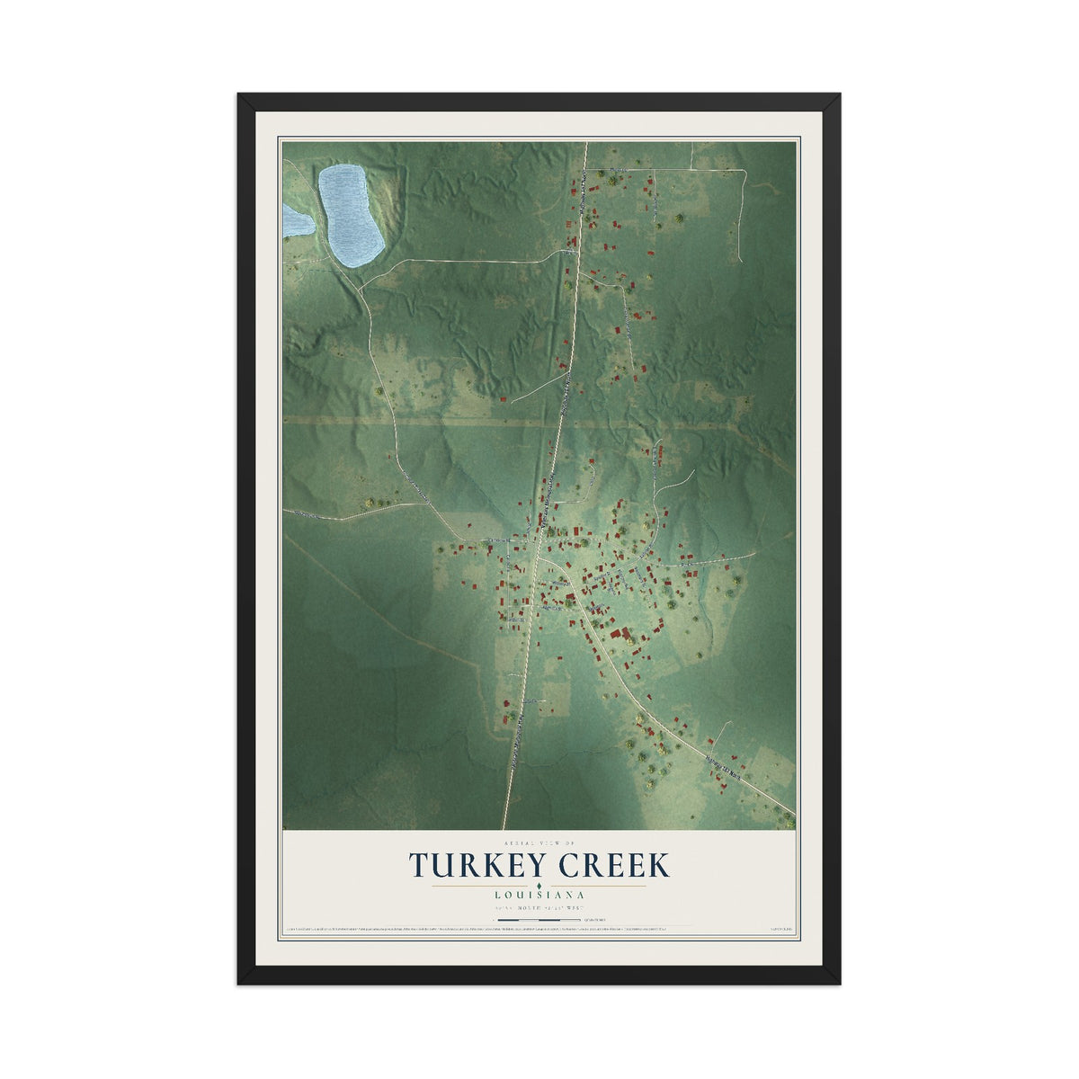 Map of Turkey Creek, Louisiana, 12 x 18 inch print in a black wood frame