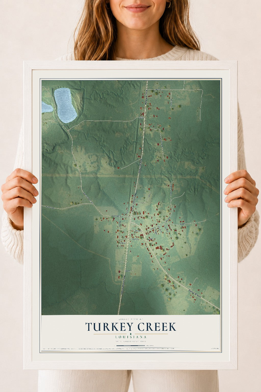 Map of Turkey Creek, Louisiana, 18 x 24 inch print in a white wood frame