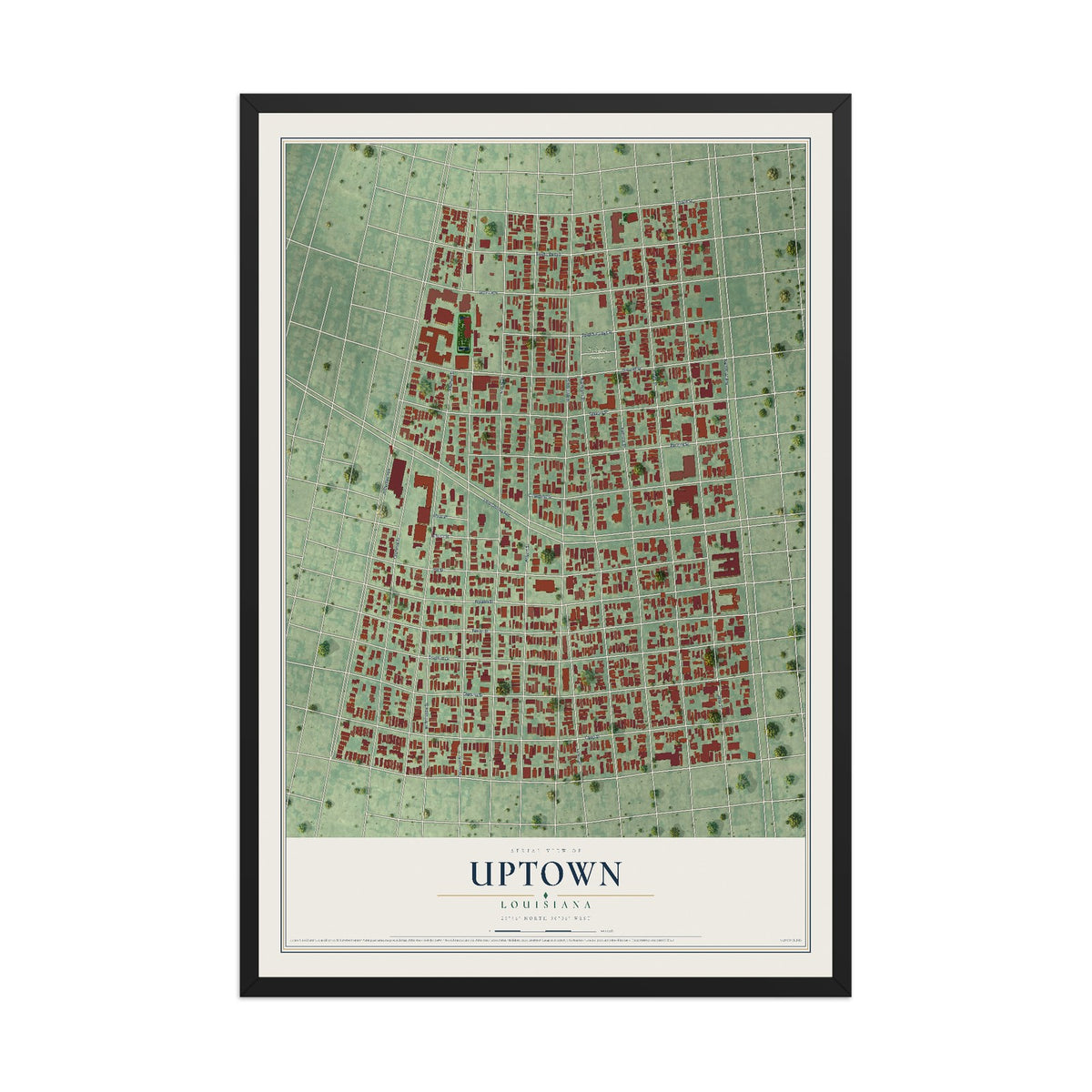 Map of Uptown, Louisiana, 12 x 18 inch print in a black wood frame