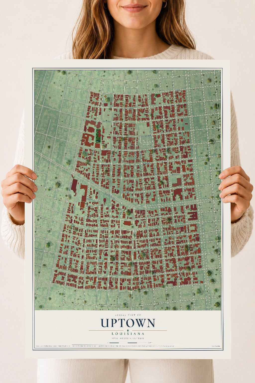 Map of Uptown, Louisiana, 18 x 24 inch unframed archival matte print