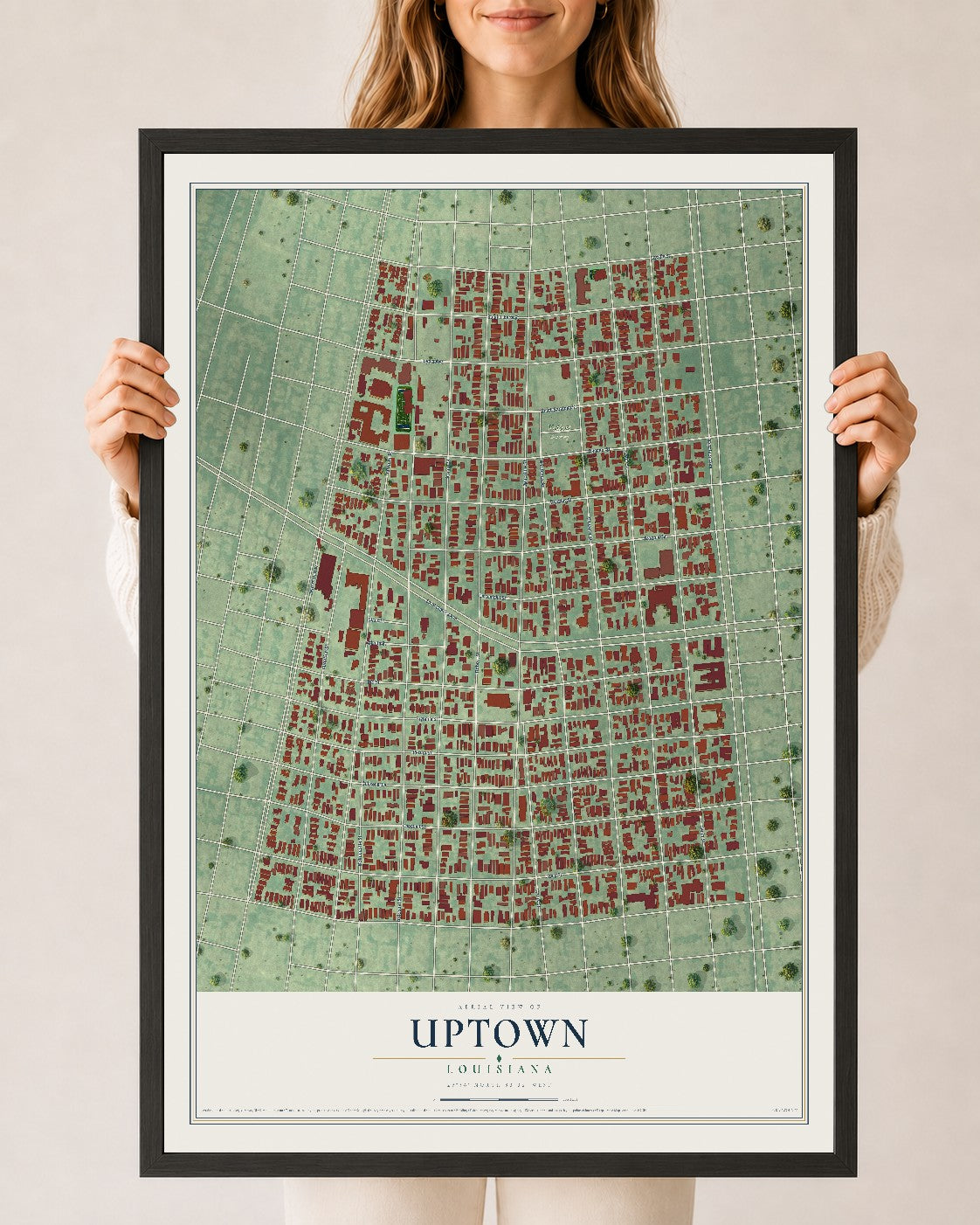 Map of Uptown, Louisiana, 24 x 36 inch print in a black wood frame