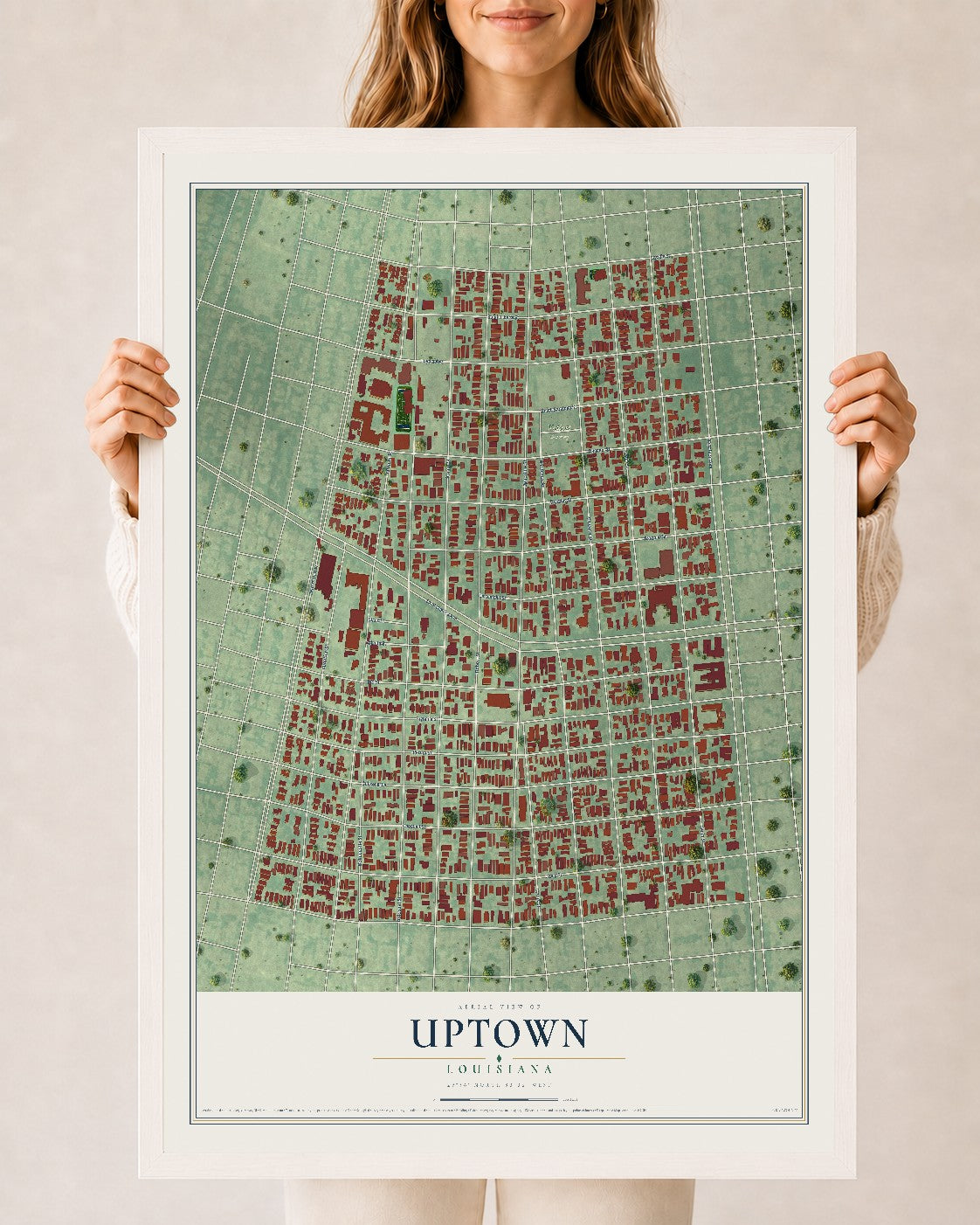 Map of Uptown, Louisiana, 24 x 36 inch print in a white wood frame