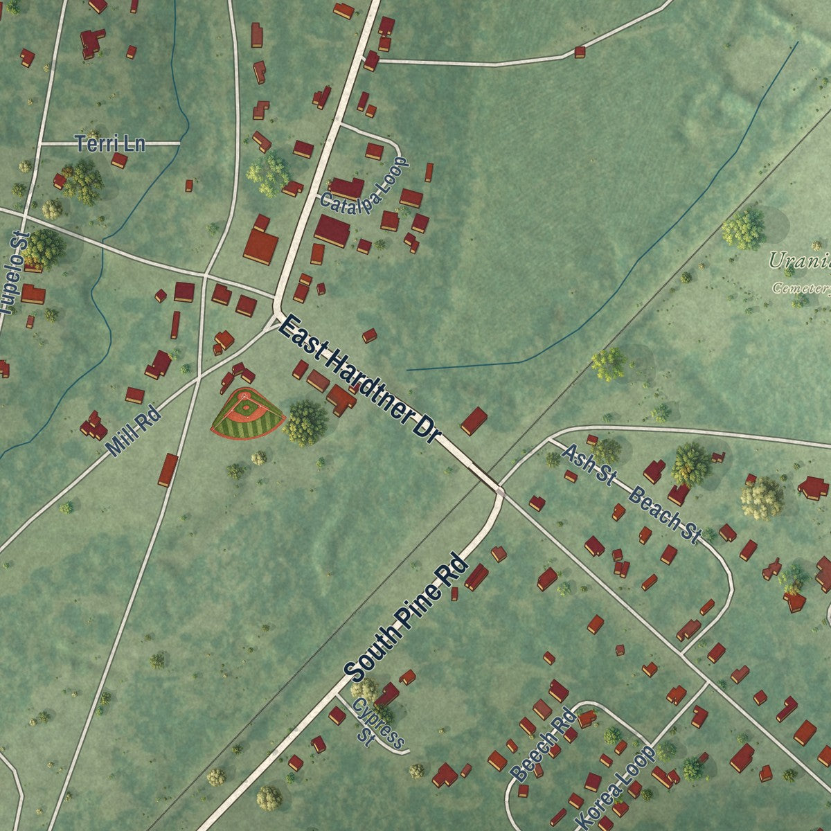 Close-up of the map of Urania, Louisiana print showing street and building detail