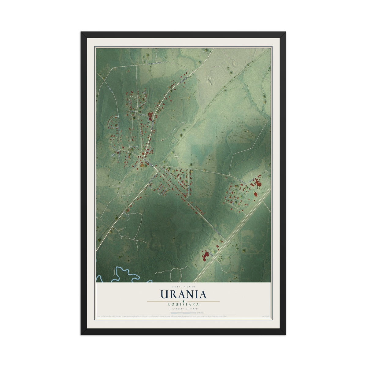 Map of Urania, Louisiana, 12 x 18 inch print in a black wood frame