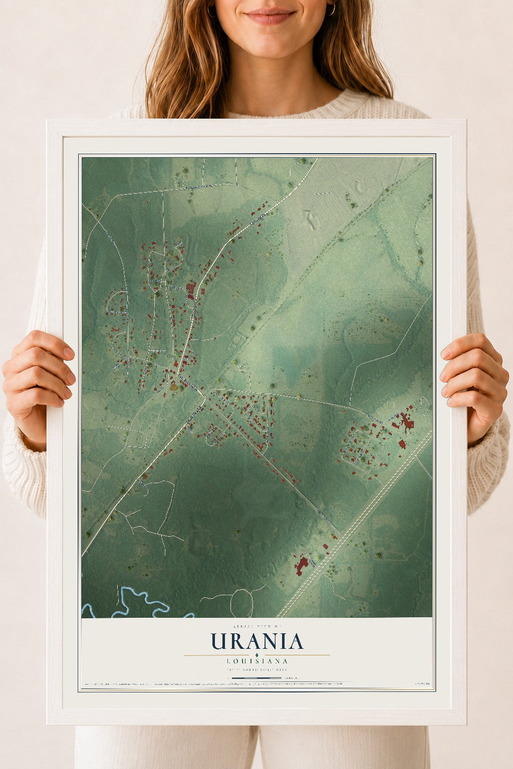 Map of Urania, Louisiana, 18 x 24 inch print in a white wood frame