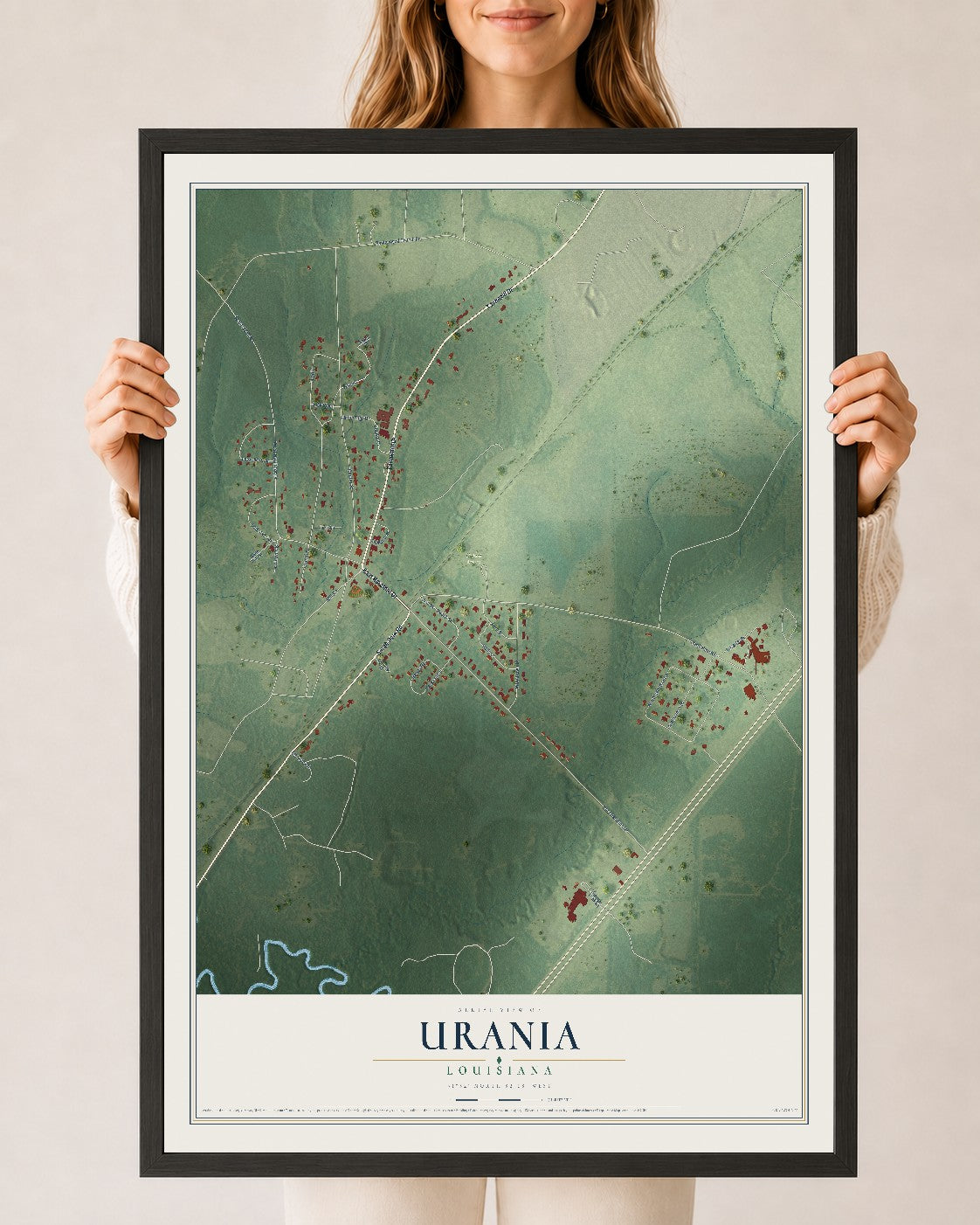 Map of Urania, Louisiana, 24 x 36 inch print in a black wood frame
