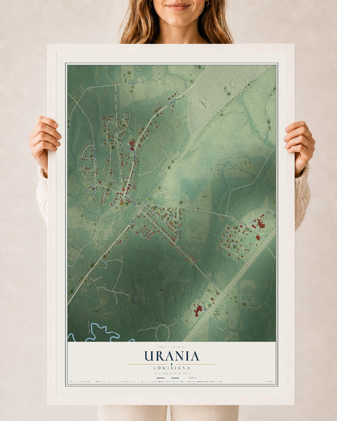 Map of Urania, Louisiana, 24 x 36 inch print in a white wood frame