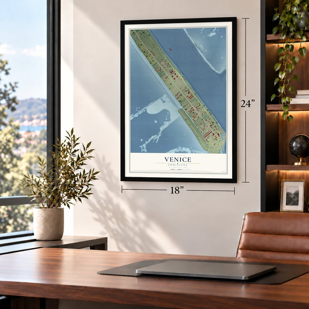 Venice, Louisiana map, 18 x 24 inch print in a black frame in a home office