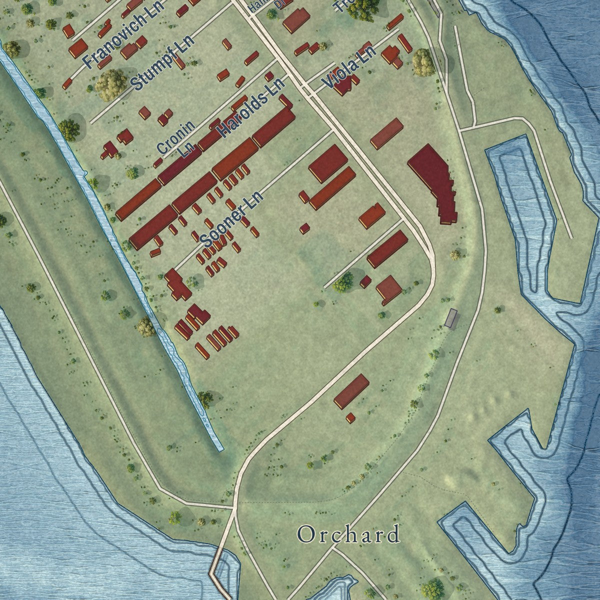 Close-up of the map of Venice, Louisiana print showing street and building detail