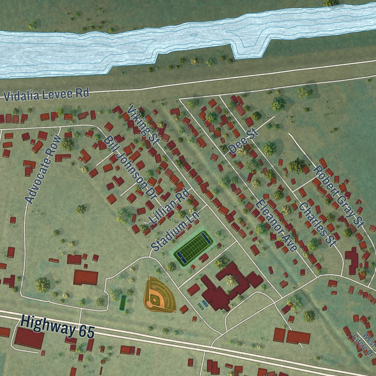 Second close-up of the map of Vidalia, Louisiana print showing more streets and buildings