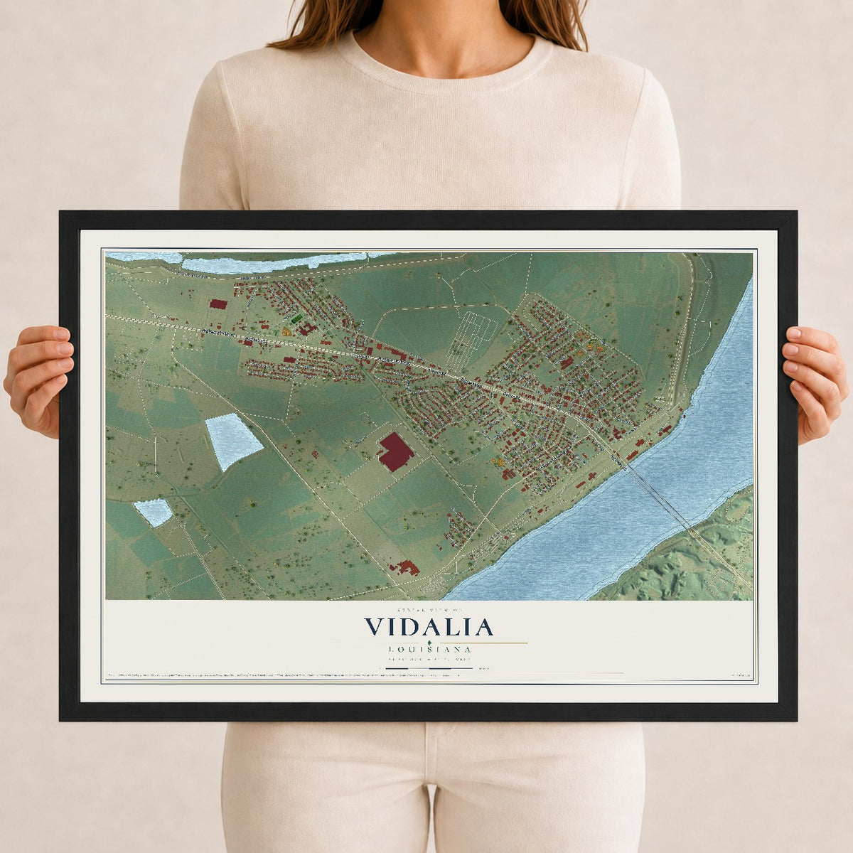 Map of Vidalia, Louisiana, 12 x 18 inch print in a black wood frame