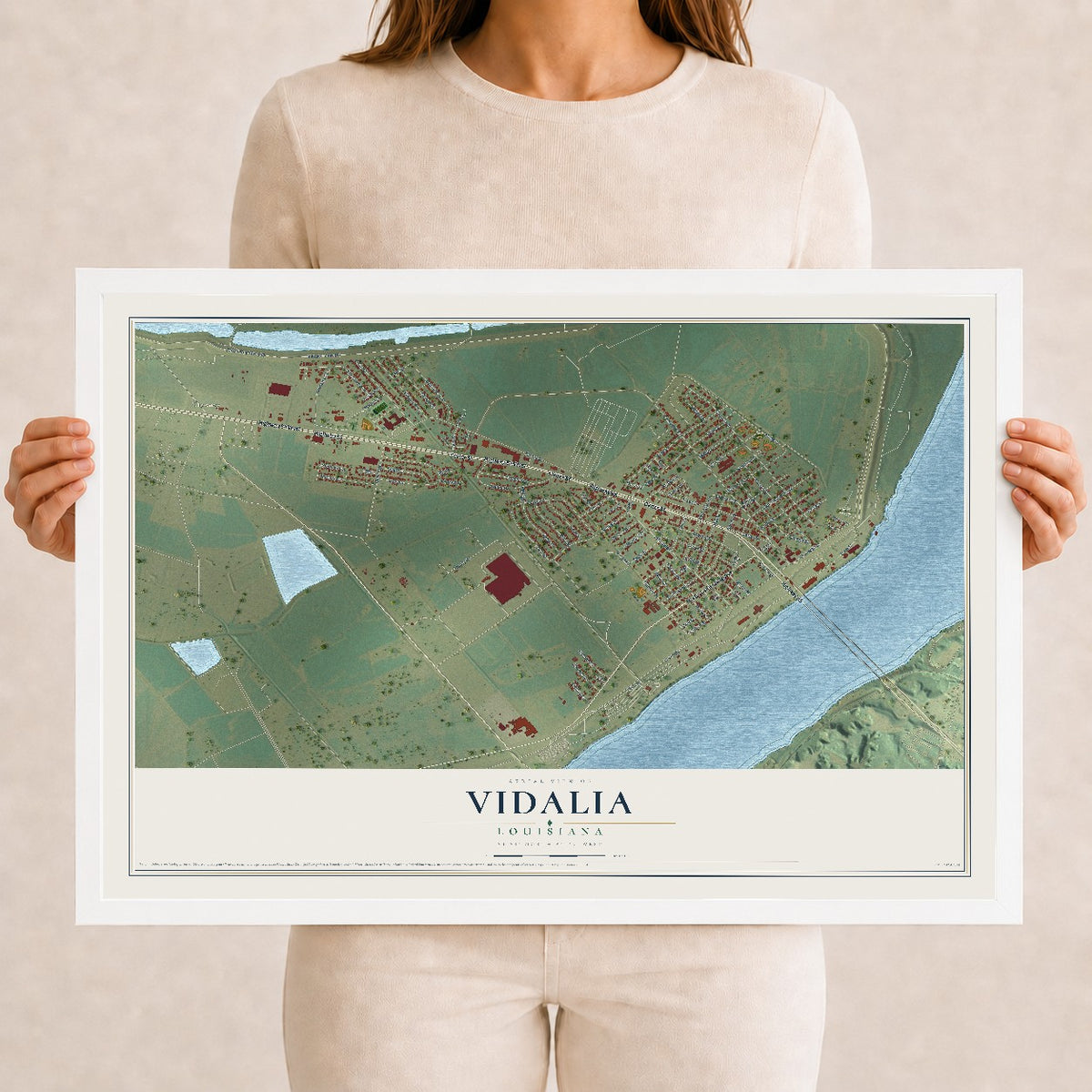 Map of Vidalia, Louisiana, 12 x 18 inch print in a white wood frame