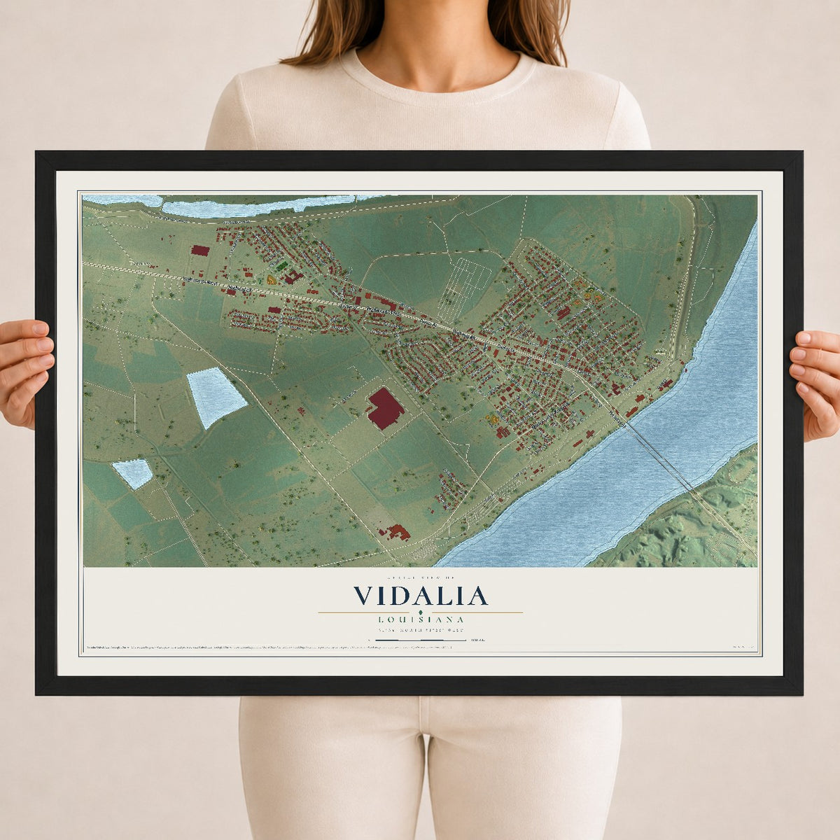 Map of Vidalia, Louisiana, 18 x 24 inch print in a black wood frame