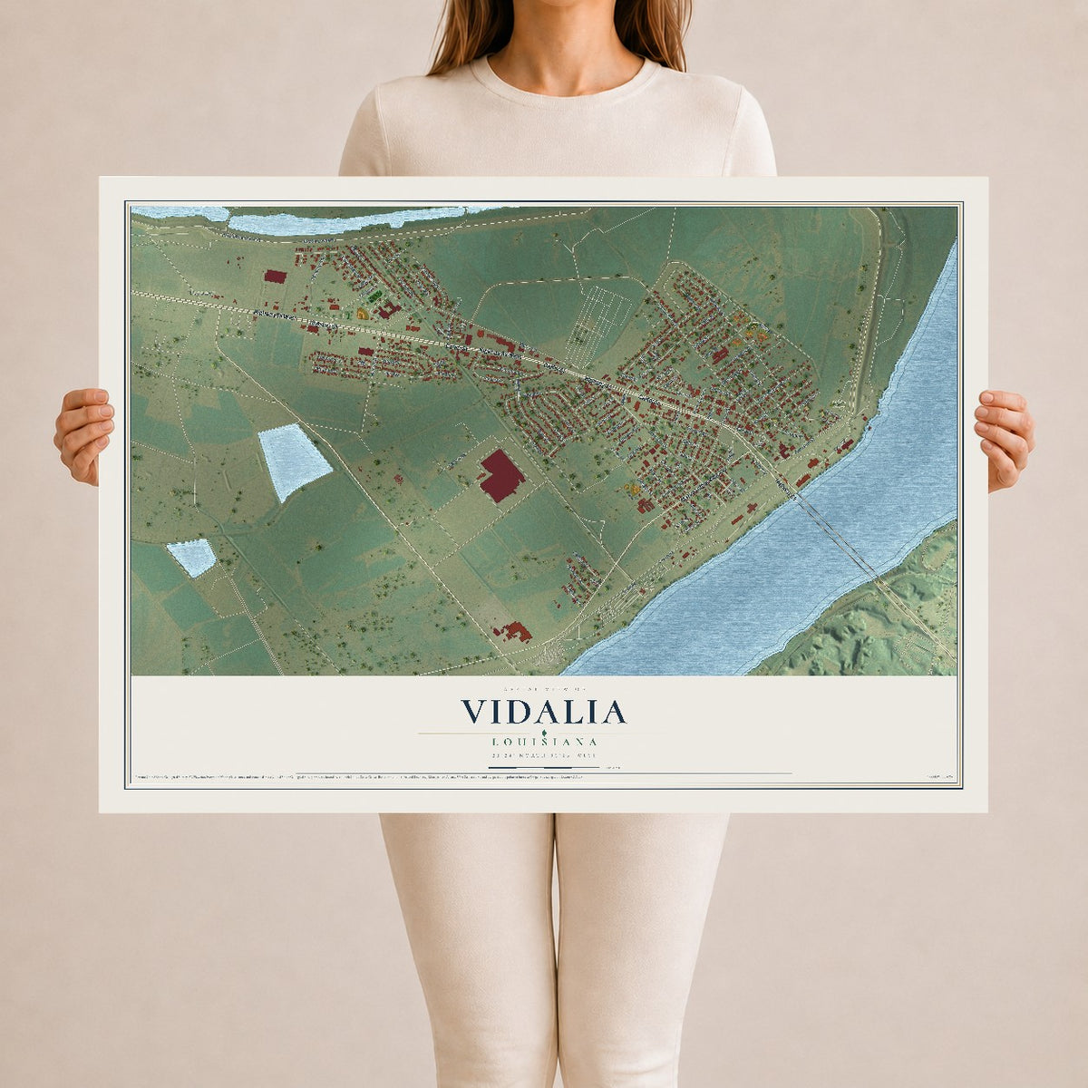 Map of Vidalia, Louisiana, 24 x 36 inch unframed archival matte print