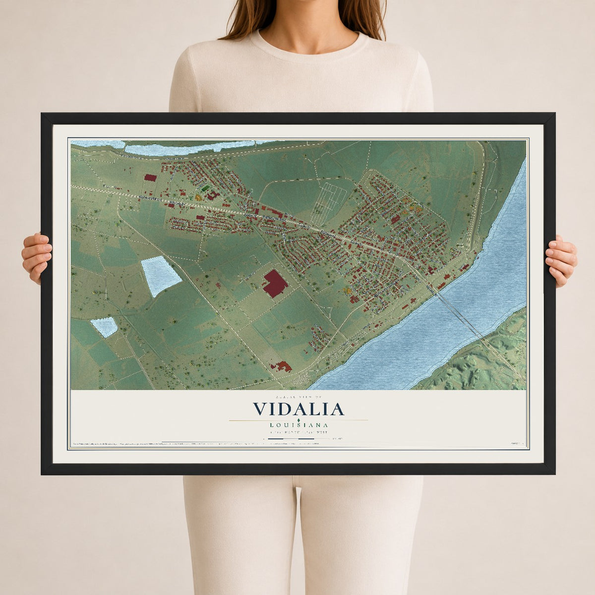 Map of Vidalia, Louisiana, 24 x 36 inch print in a black wood frame