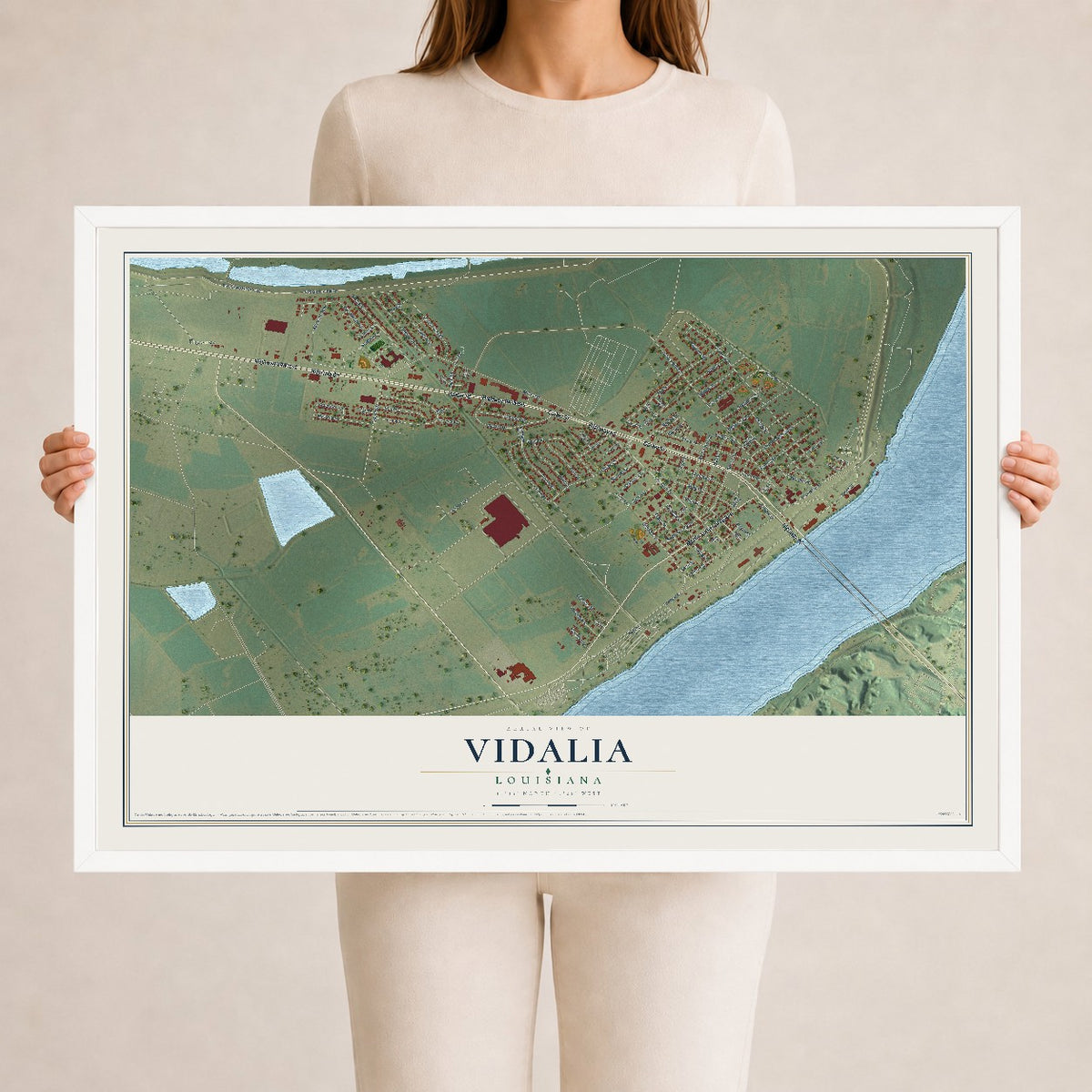 Map of Vidalia, Louisiana, 24 x 36 inch print in a white wood frame
