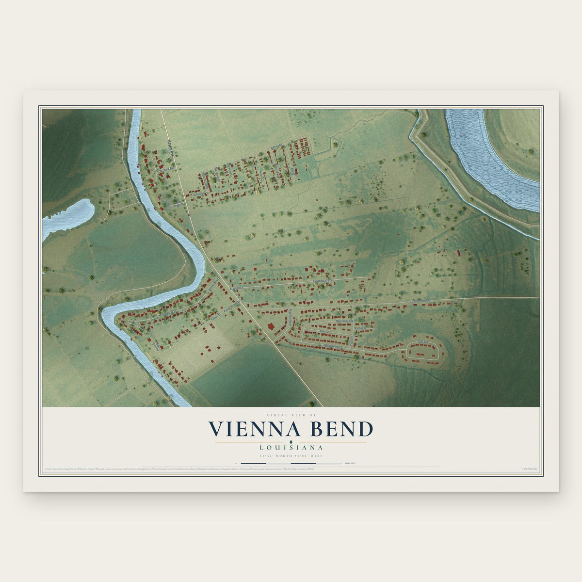 Vienna Bend, Louisiana map print, the full design