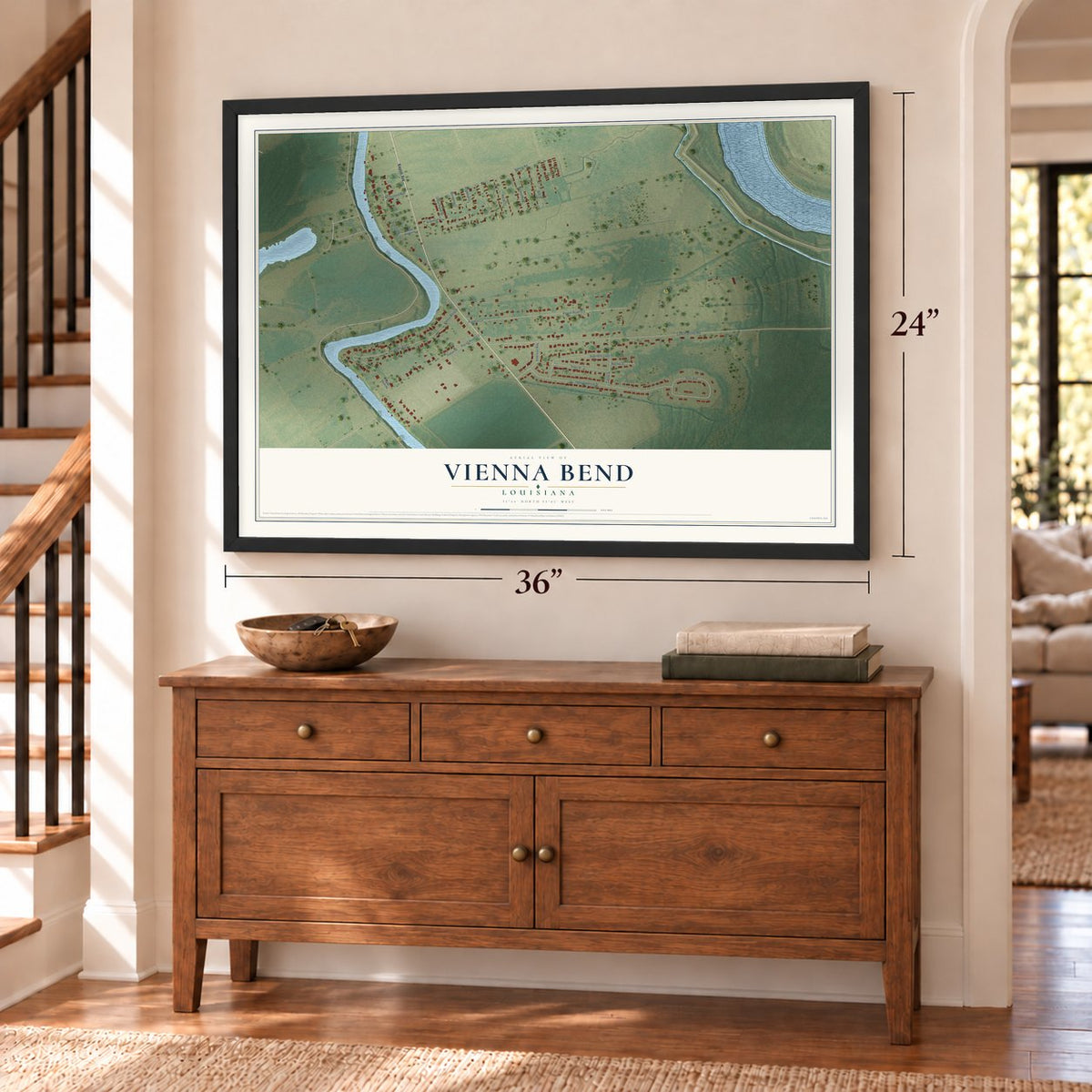 Vienna Bend, Louisiana map, 24 x 36 inch print in a black frame above a dresser by a staircase