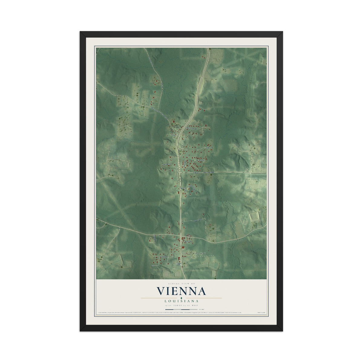 Map of Vienna, Louisiana, 12 x 18 inch print in a black wood frame