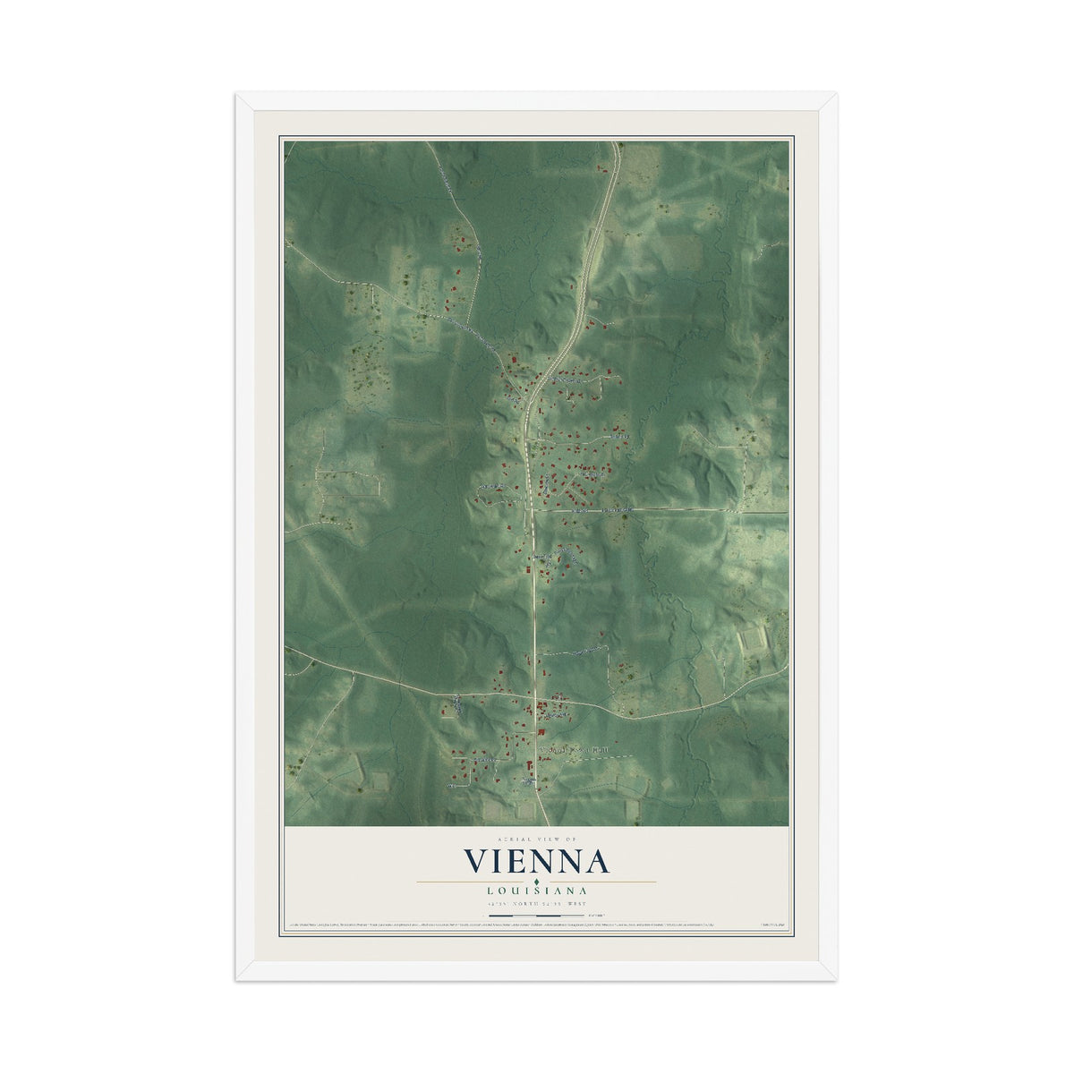 Map of Vienna, Louisiana, 12 x 18 inch print in a white wood frame