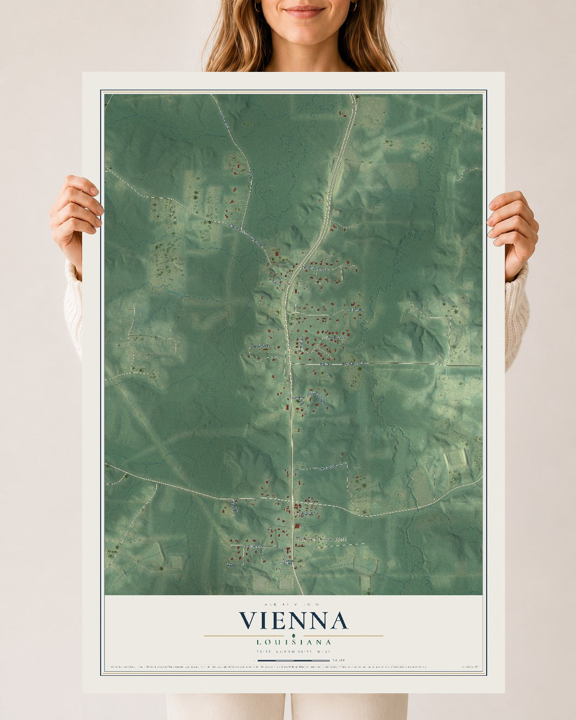 Map of Vienna, Louisiana, 24 x 36 inch unframed archival matte print