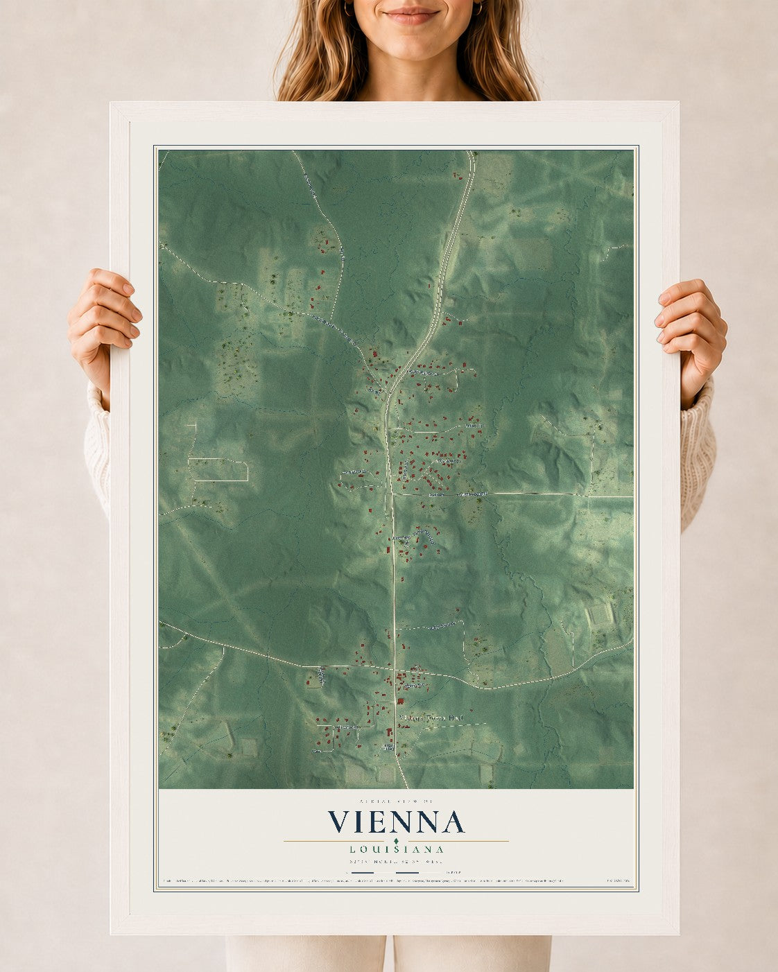 Map of Vienna, Louisiana, 24 x 36 inch print in a white wood frame