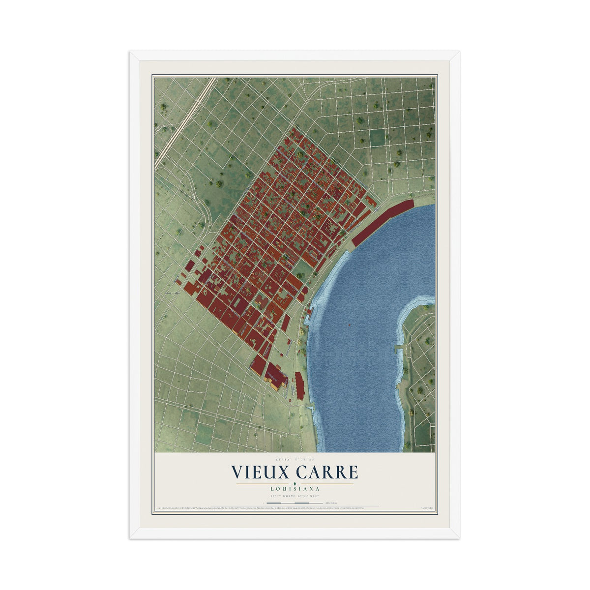Map of Vieux Carre, Louisiana, 12 x 18 inch print in a white wood frame