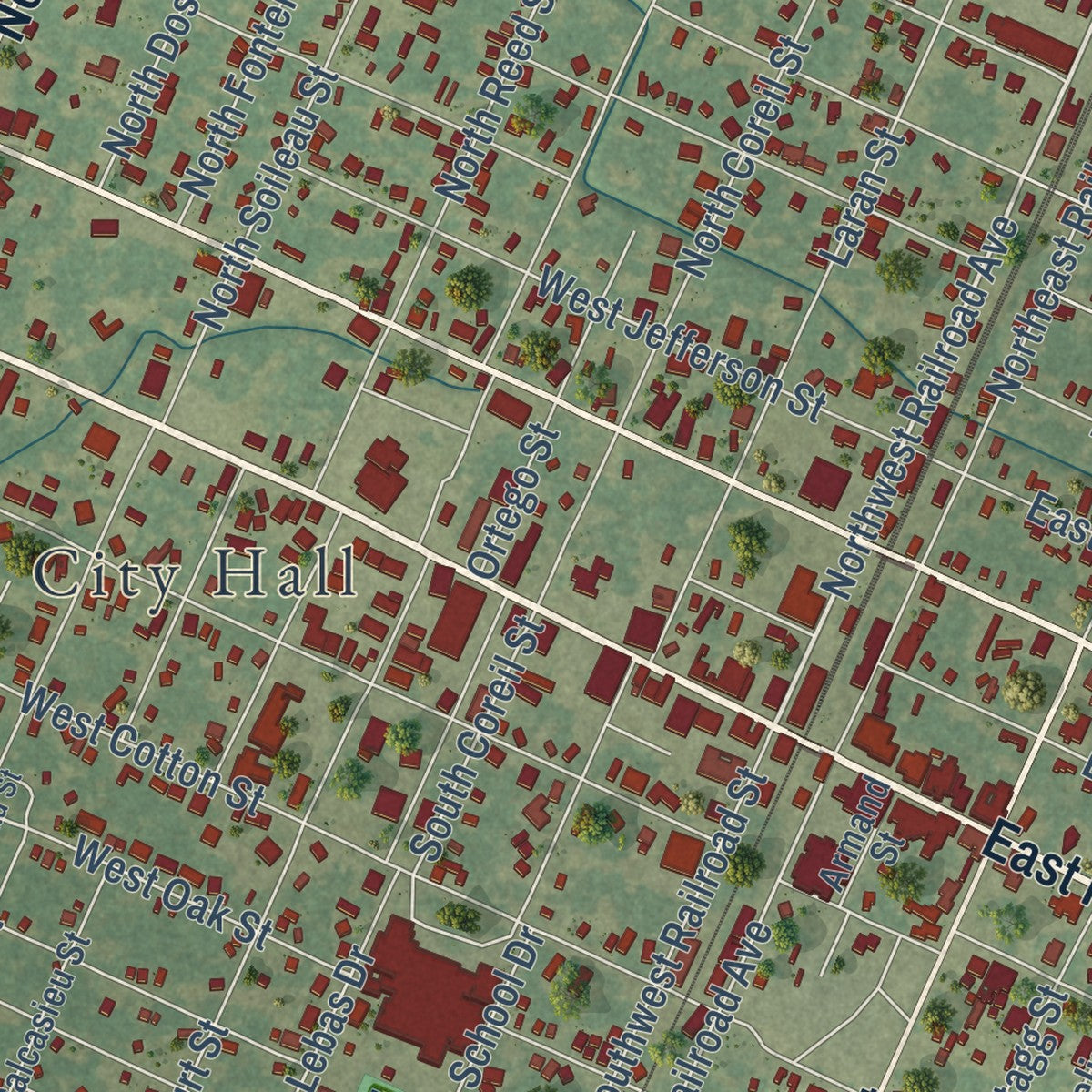 Close-up of the map of Ville Platte, Louisiana print showing street and building detail