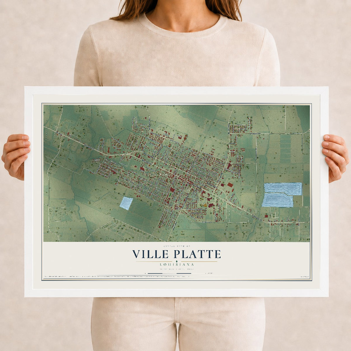 Map of Ville Platte, Louisiana, 12 x 18 inch print in a white wood frame