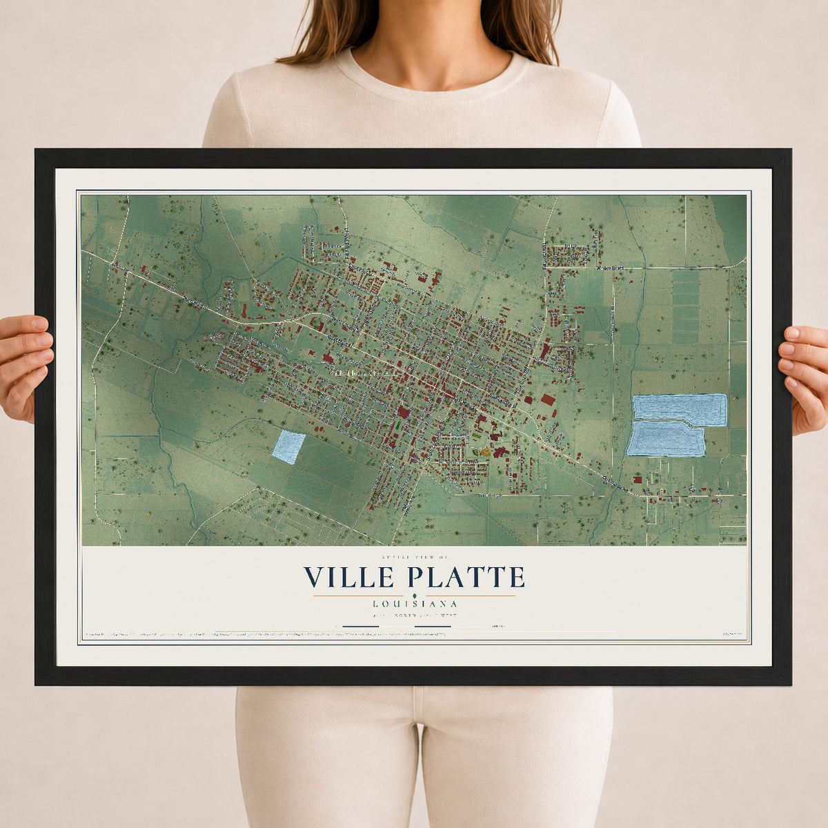 Map of Ville Platte, Louisiana, 18 x 24 inch print in a black wood frame