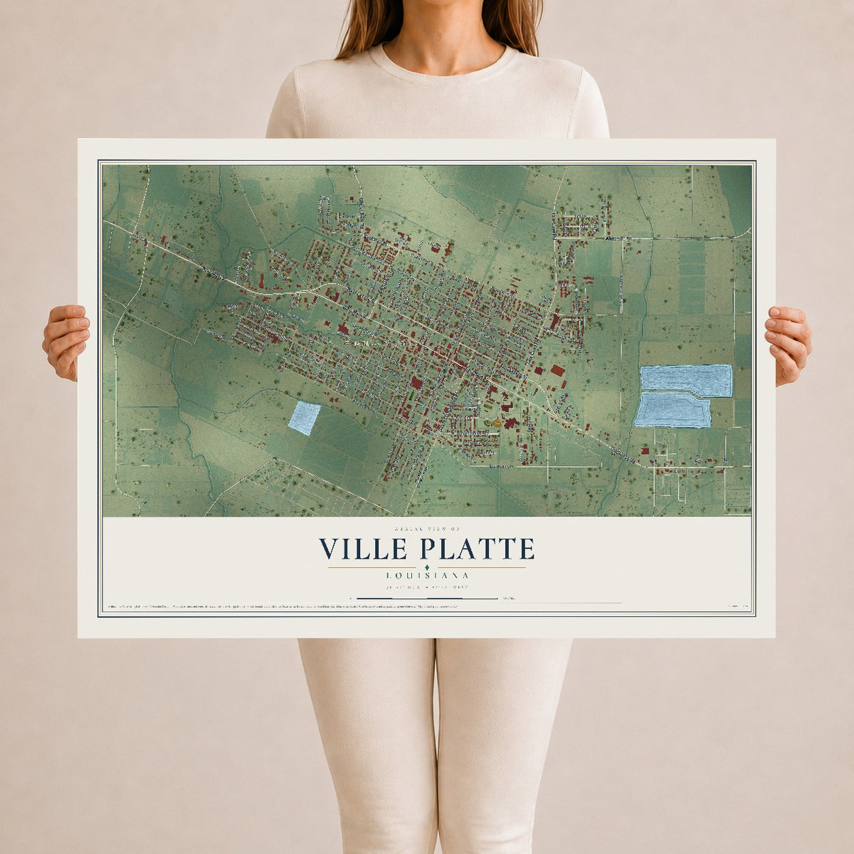 Map of Ville Platte, Louisiana, 24 x 36 inch unframed archival matte print