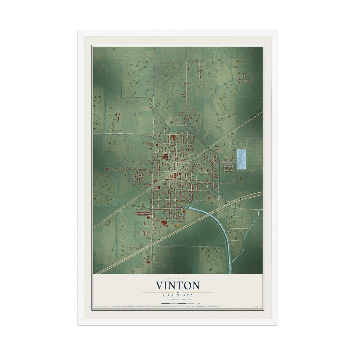 Map of Vinton, Louisiana, 12 x 18 inch print in a white wood frame
