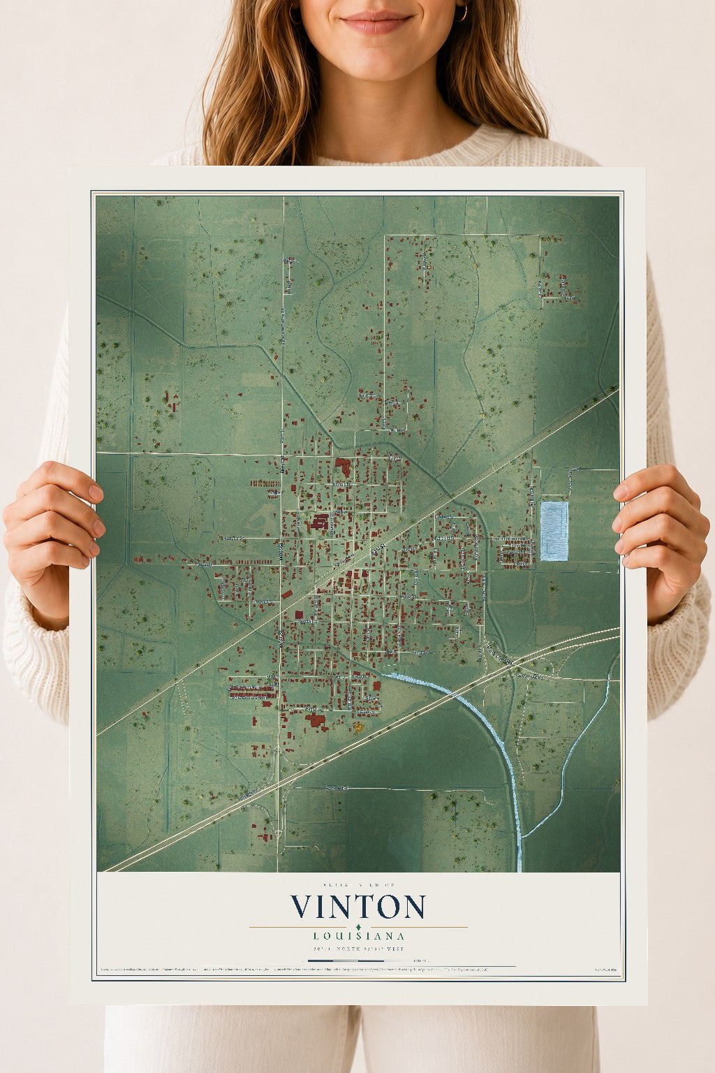 Map of Vinton, Louisiana, 18 x 24 inch unframed archival matte print