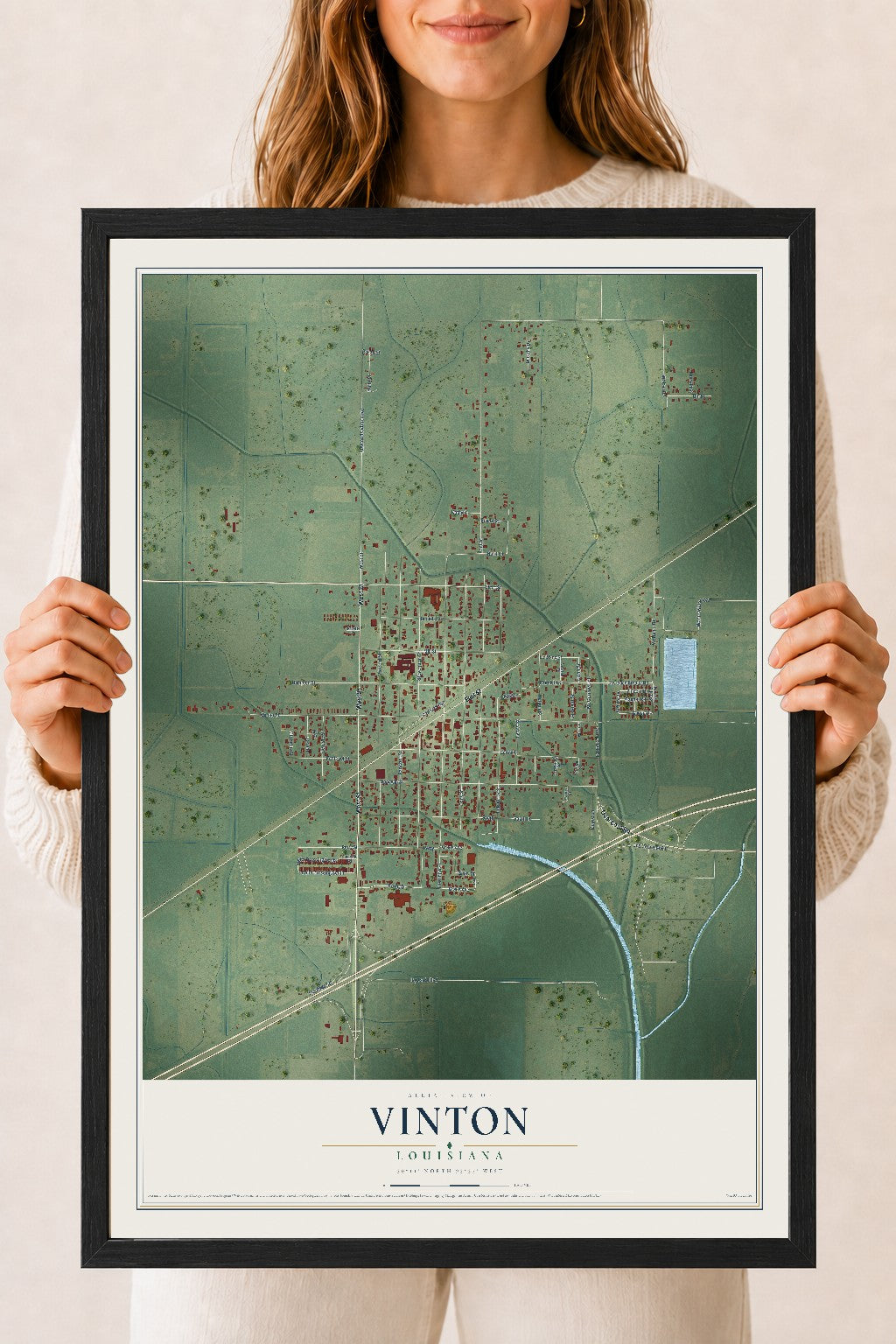 Map of Vinton, Louisiana, 18 x 24 inch print in a black wood frame