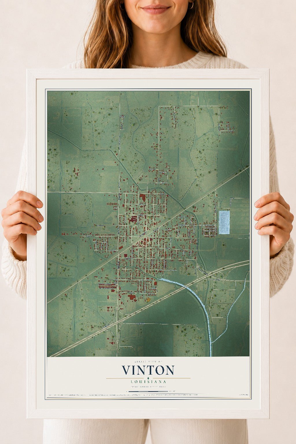 Map of Vinton, Louisiana, 18 x 24 inch print in a white wood frame